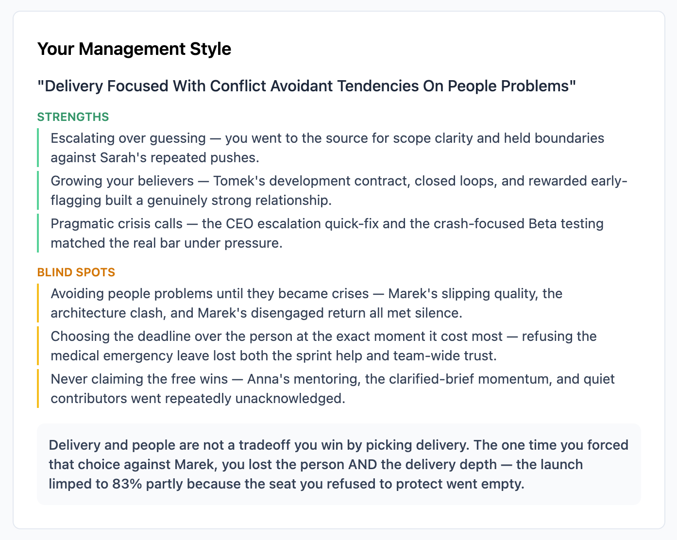 A page of the LeadSim private report: named management style, strengths and blind spots, each evidenced by specific decisions
